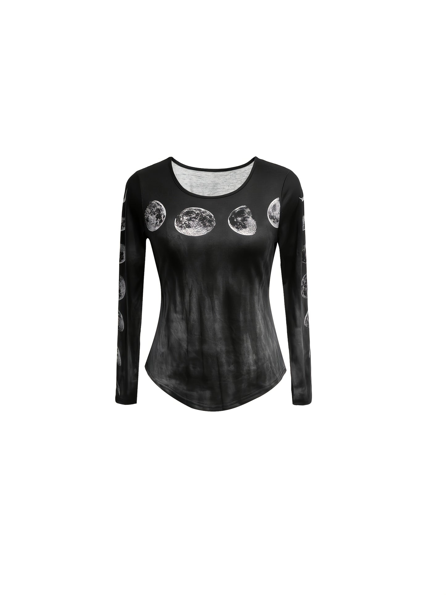 Women's Casual Moon & Star Planet Print Long Sleeve T-Shirt - Black Round Neck Top with Medium Stretch, Machine Washable, Spring Summer Fall Essential, Comfortable Clothing, Astronomical Theme, Nontransparent Fabric SS69