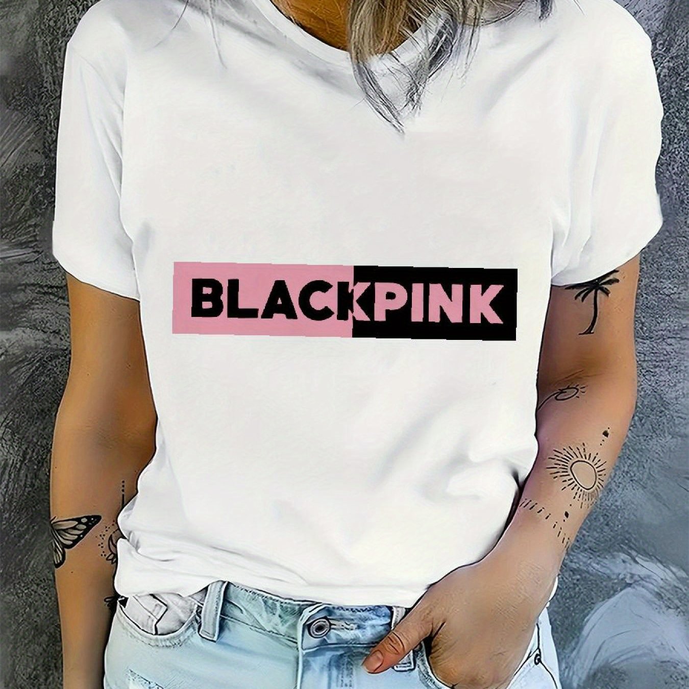 Blackpink Graphic Women's T-Shirt - Casual Short Sleeve Round Neck, Stretchy Polyester Blend, Embossed Floral & Letter Design, Perfect for Spring/Summer/Fall SS69 12.69 White / XXL