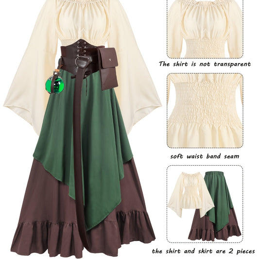Women's Medieval Renaissance Costume - Green, X-Large, Includes Blouse, Skirt, Pouch, Corset Belt for Halloween SS69