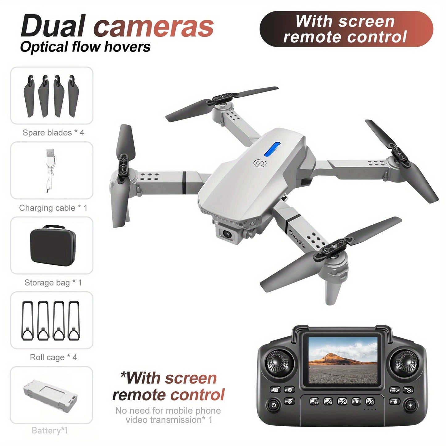 E88 Pro Version 2025 HD Dual Camera Drone with Screen Control - No Cellphone Required, One-Key Takeoff, Wi-Fi App Control, USB Charging, Durable & Reliable, Ideal for Beginners, Perfect Gift for Outdoor Camping and Vloggin SS69 78.69 White