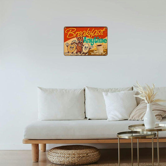 Vintage Breakfast Diner Sign - Retro Metal Wall Decor with "Breakfast Anytime" Design, Bacon & Eggs Cartoon Characters, Indoor/Outdoor Kitchen Art, 1950s Style, Coffee Bar Decor SS69