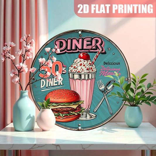 1pc Vintage Round Metal Tin Sign - 8" Retro Aluminum Wall Decor with "50's Diner" Design, Cherry Red & Cream Burger Theme, Durable Craft Decoration for Home, Farmhouse, Porch, Outdoor & Room Decor, Metal Wall Art Decor SS69