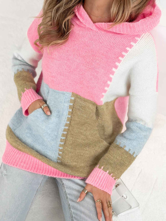 Plus Size Women's Elegant Hooded Sweater • Pastel Pink & Yellow Colorblock Long Sleeve Pullover • Cozy Front Pocket Fall/Winter Sweater • Everyday & Formal Outfits • Cute Casual Winter Wear • Durable Colorblock Desi
