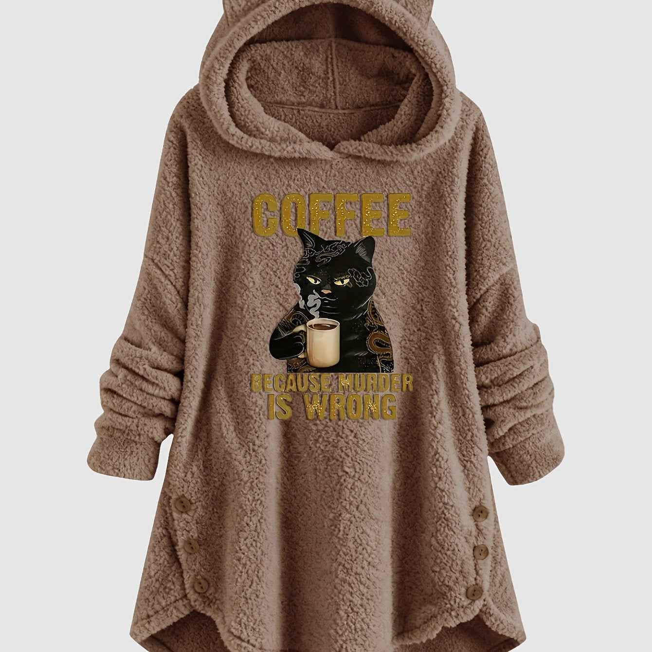 Plus Size - Women'S Plus Size Casual Teddy Hoodie with Cat Ears and Button Details | Long Sleeve, Asymmetrical Hem, Fall/Winter, Animal Print, Pullover Style