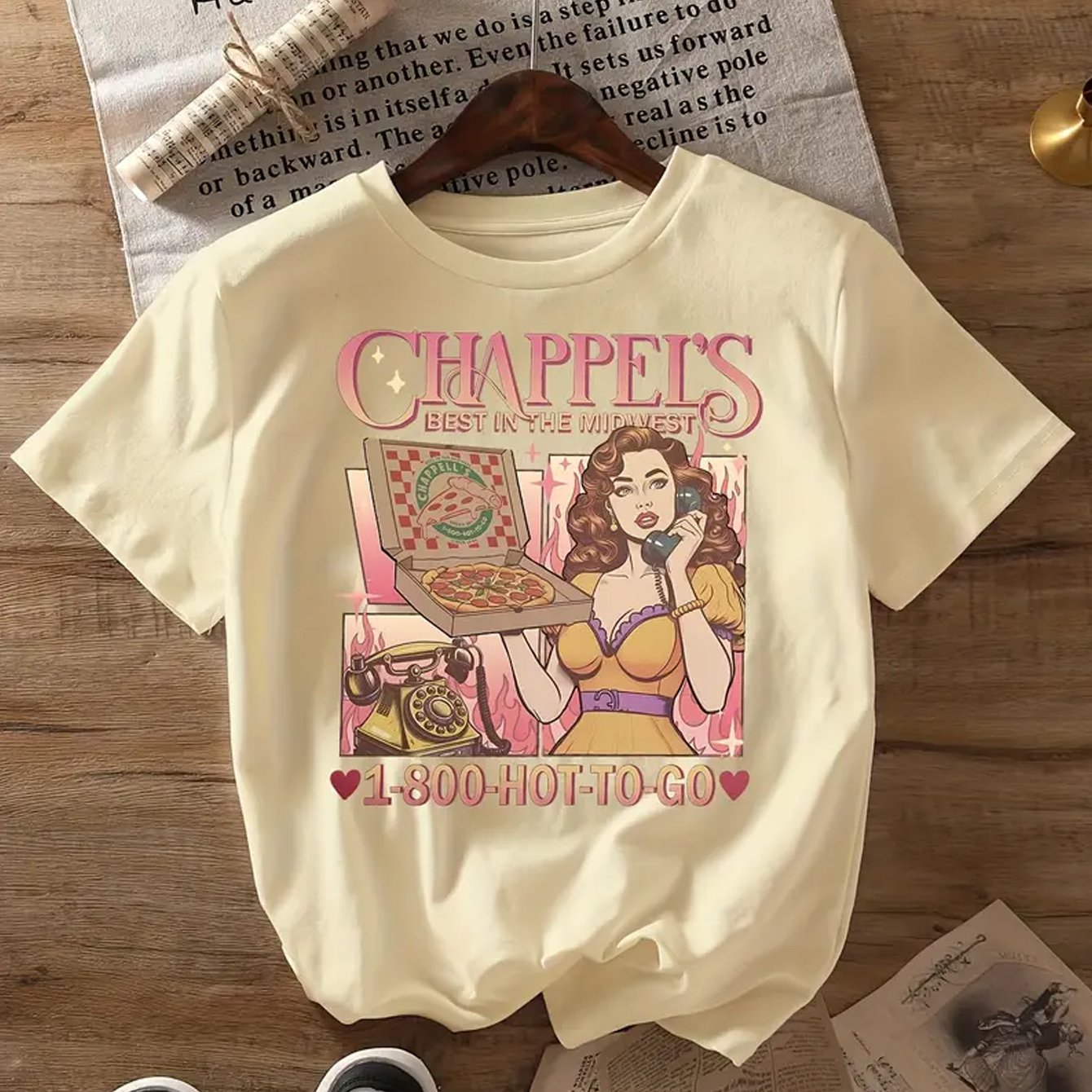 Women's Retro "CHAPPEL'S" Graphic Tee - Vintage 1950s Pin-Up Design, Short Sleeve Crew Neck, Lightweight Polyester Blend, Casual Summer & Spring Top, Machine Washable SS69