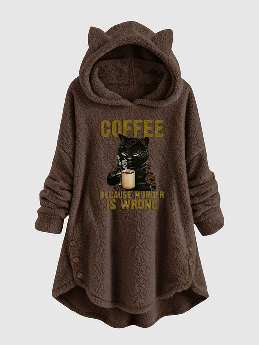 Plus Size - Women'S Plus Size Casual Teddy Hoodie with Cat Ears and Button Details | Long Sleeve, Asymmetrical Hem, Fall/Winter, Animal Print, Pullover Style