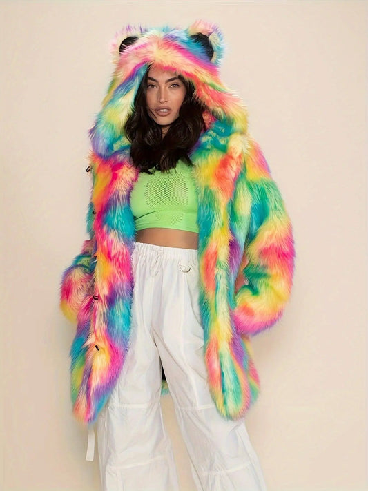 Abstract Pattern Open Front Teddy Coat, Stylish Hoodie Long Sleeve Longline Fluffy Coat For Party & Club, Women's Clothing SS69