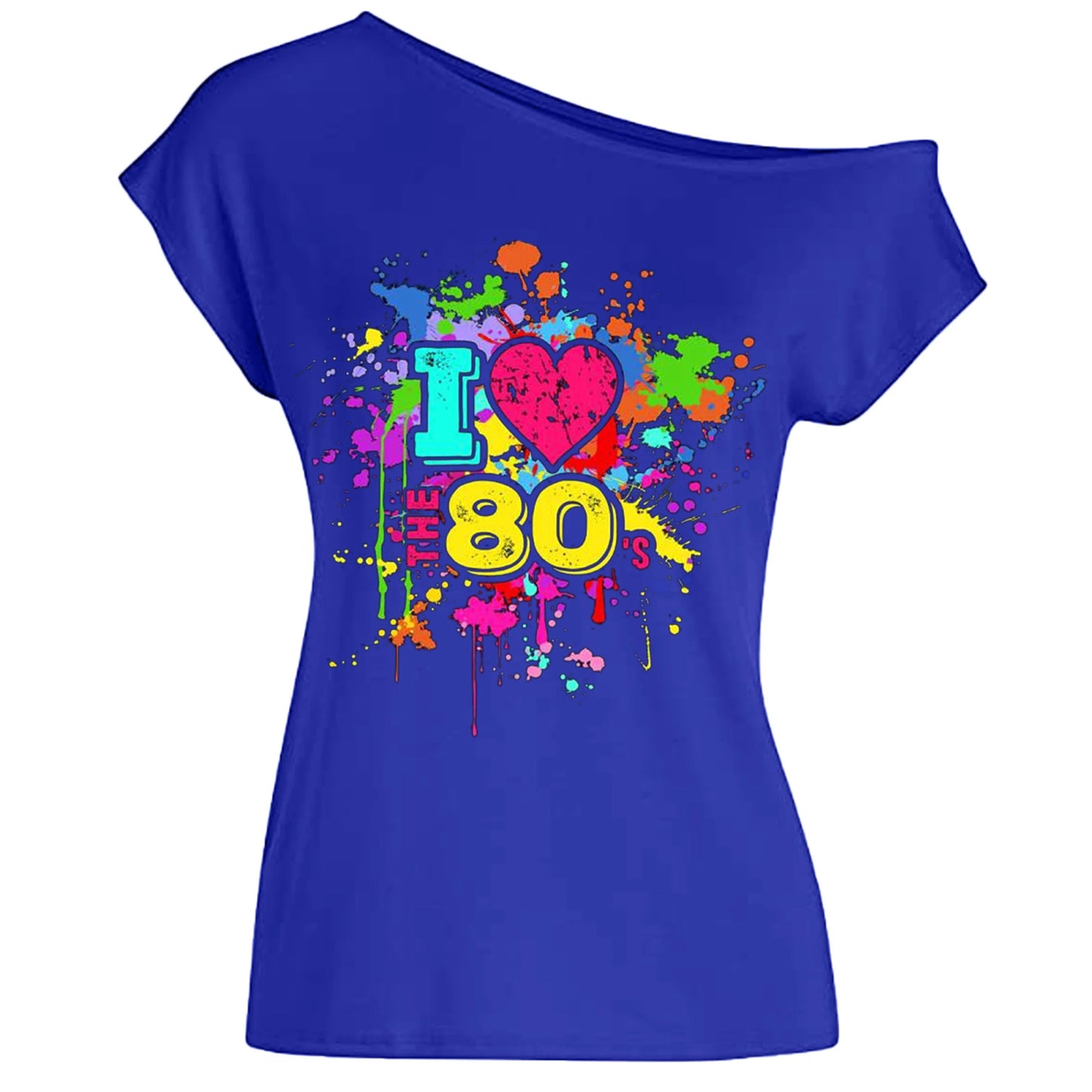80s Costume Outfit for Woman Love off the Shoulder T Shirts Novelty Neon Top Clothes for Costume SS69 23.69 Royal blue / L