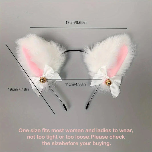 Animal Faux Fur Dogs And Cats Ears Headband, With Bell Cute Elastic Hair Accessories, Halloween Cosplay Costume Party Decor For Girls - SS69