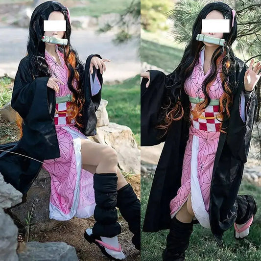 Anime Demon Slayer Kamado Nezuko Cosplay Costume Kimono Kimetsu No Yaiba Cosplay Wigs Hairs Halloween Carnival Women Outfit - SS69