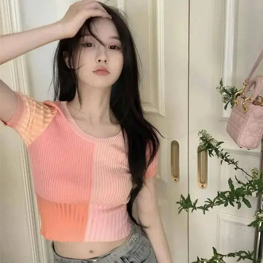 Baby Tee Short Sleeve Contrast Color Crop Knit Top for Women Teengirl Rib-knit Shirts Knitwear Pastel Aesthetic Outfit SS69