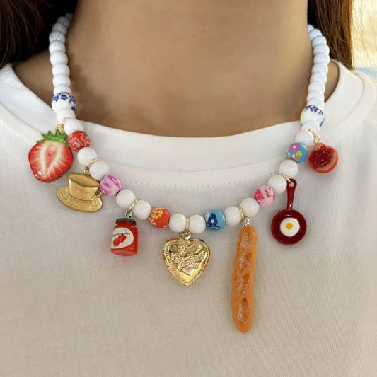Boho Vacation Style Beaded Pendant Necklaces with Fruit, Heart, Teacup, Teapot, Bread SS69