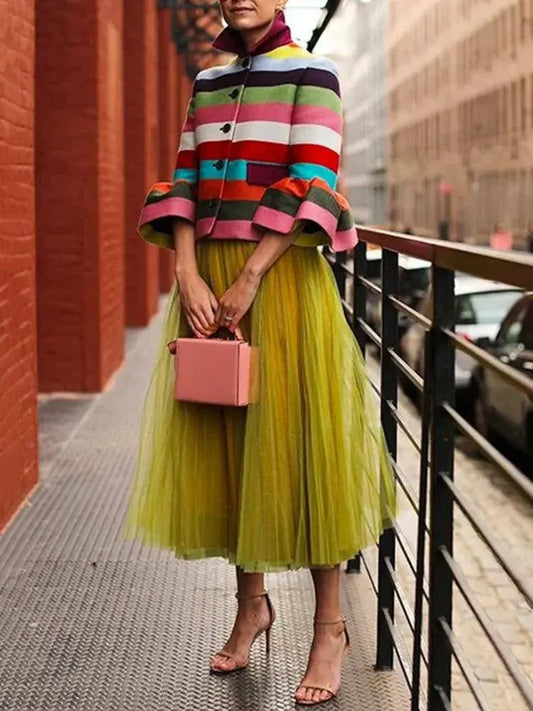 Bohohipei 2025 New Vintage Elegant Multi-Colored Striped Lapel Jackets Women Spring Flared Sleeves Party Evening Outerwears SS69