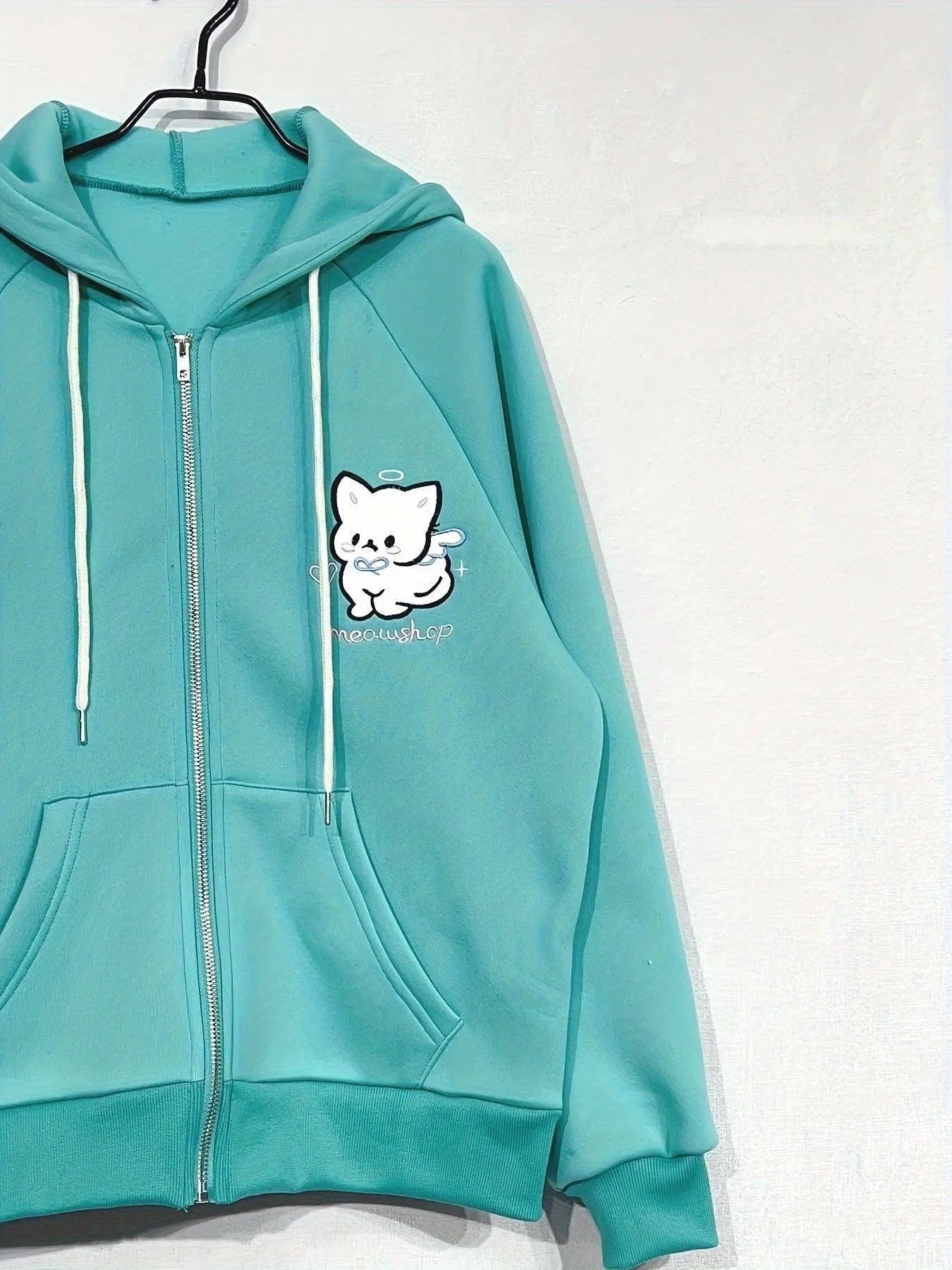 Cartoon Print Zip-up Hoodie Sweatshirt, Casual Long Raglan Sleeve Slant Pockets Drawstring Jacket For Fall & Winter, Women's Clothing SS69