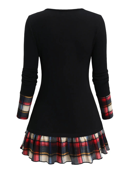 Casual Plaid Patchwork Long Sleeve V-Neck Tunic, Polyester Knit Fabric, Color Block Design, for Spring/Fall SS69
