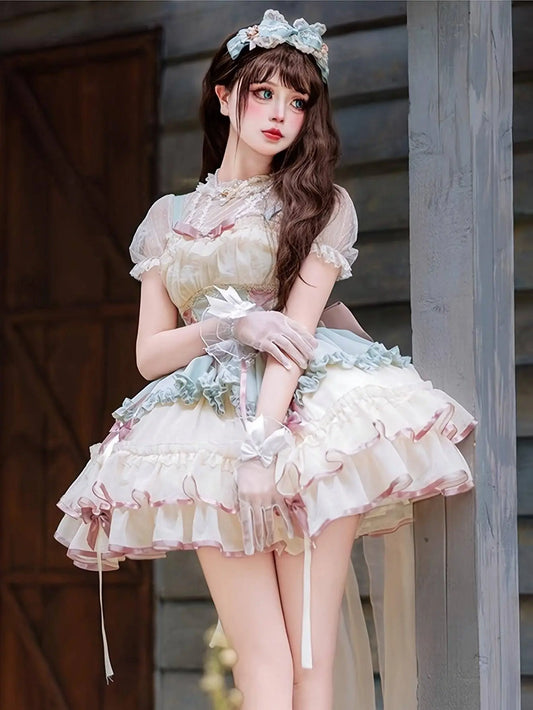 Charming Princess Lolita Dress for Women - Elegant Sleeveless Pleated Party Gown with Ribbon Bow Detail, Polyester Mini Cake Skirt - No Short Sleeve Top, Gloves, or Headwear Included SS69