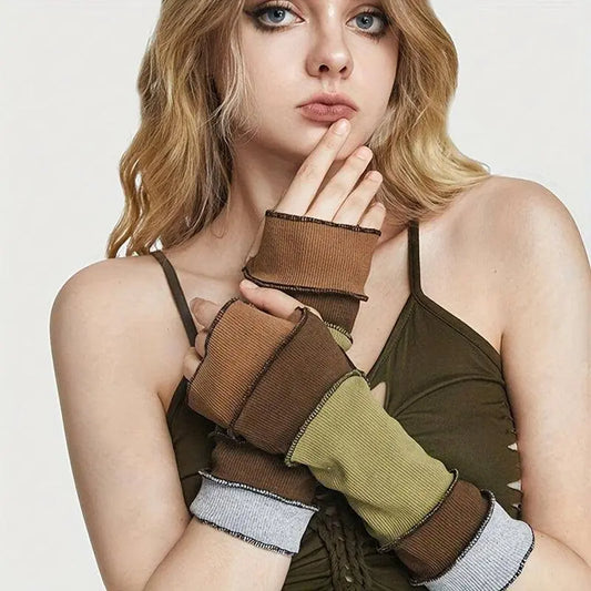 Chic Vintage-Inspired Colorblock Knit Arm Sleeves - Stretchy, Warm & Decorative for Cycling and Fashionable Outfits SS69