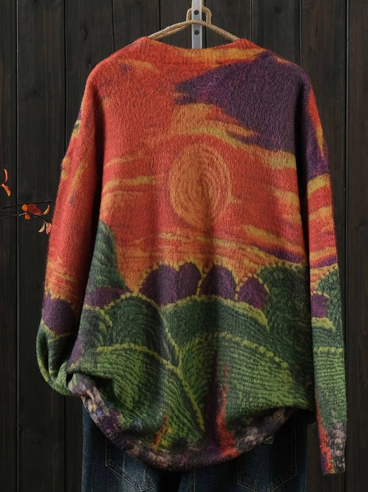 Cozy Plus Size Cartoon Print Knit Sweater - Warm, Stretchy Crew Neck Pullover for Women, Perfect for Fall/Winter SS69