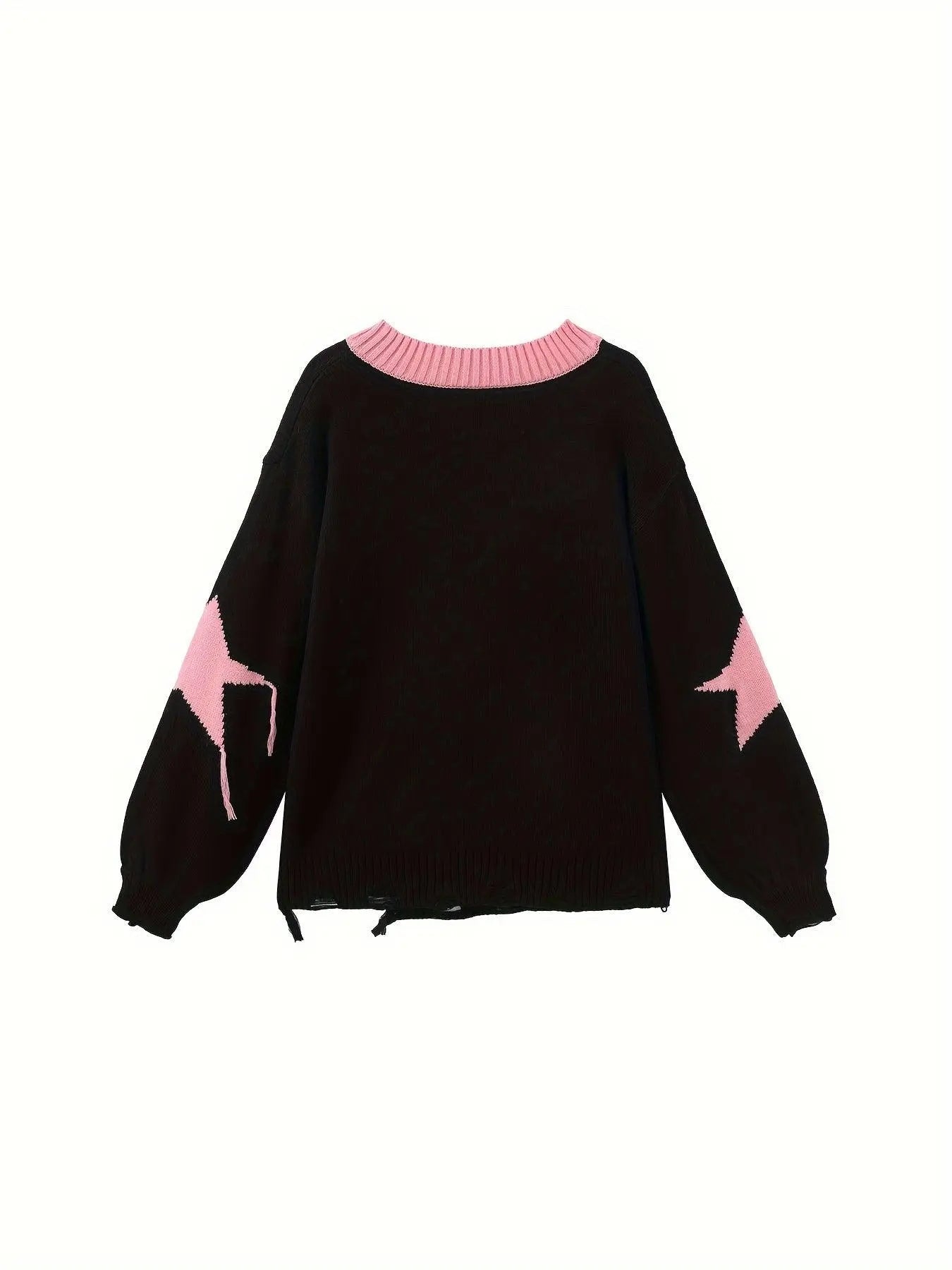 Cute Acrylic Knit Pullover with Animal and Color Block Pattern, V-Neck, Lantern Sleeve, Ripped Detail, Loose Fit - Women's Fall/Winter Sweater - SS69