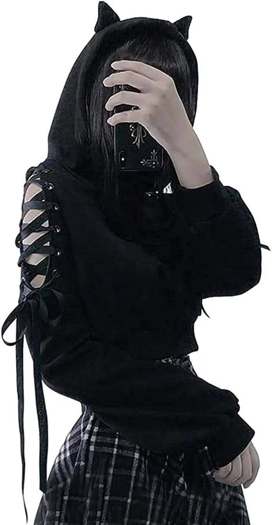 Cute Cat Ear Hoodie, Off-Shoulder Black Punk Crop Pullover - SS69