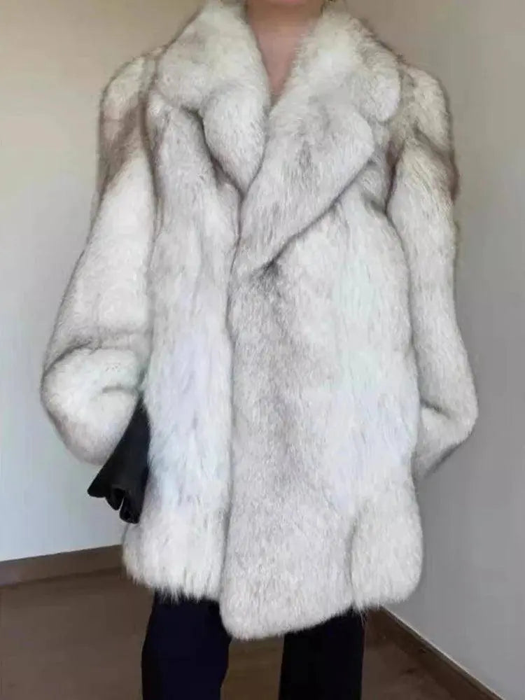 DEAT Fashion Women's Faux Fur Coat Lapel Loose Contrast Color Long Sleeve Pockets Thick Warm Jacket Winter 2025 New Tide 15C738 SS69