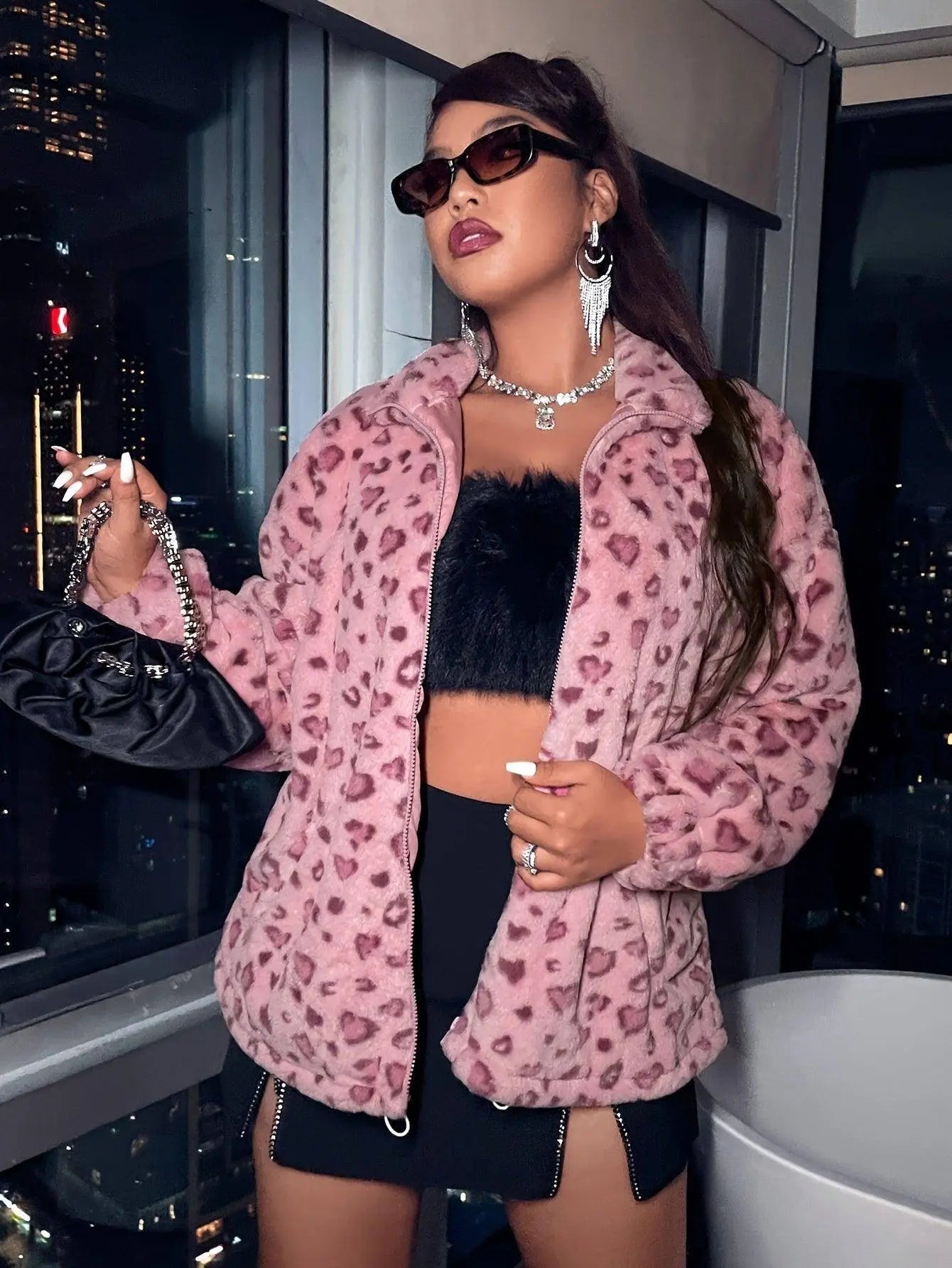 Elegant Leopard Print Faux Fur Jacket for Women - Polyester Adult Autumn/Winter Coat with Zipper Closure SS69