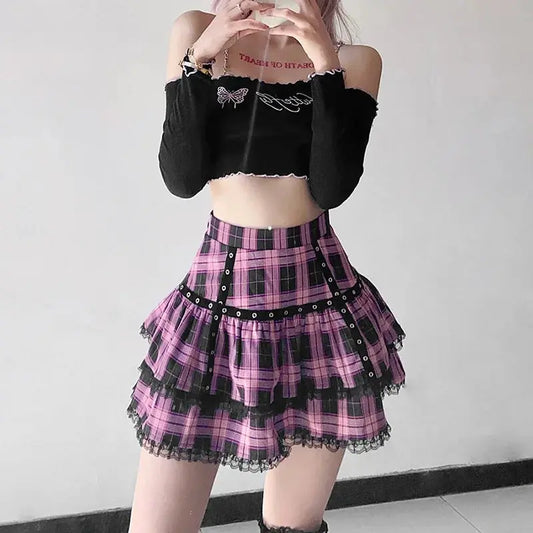 FICHOR Mall Goth Gothic Lace Ruffle Mini Skirts Womens Harajuku Fairy Grunge Pink Plaid Pleated Skirt Japanese Lolita Streetwear - SS69