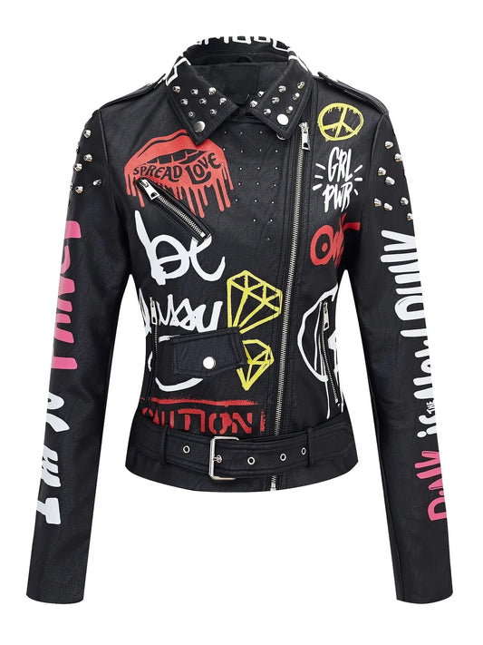 Faux Leather Jacket For Women Studded Rivet Floral Moto Biker Coat SS69