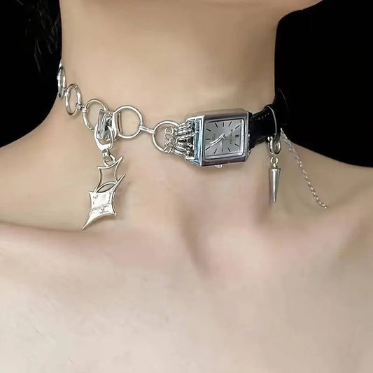 Festive Cyberpunk Choker Necklace with Square Watch Face - Iron Body, No Plating, Suitable for Daily Wear SS69