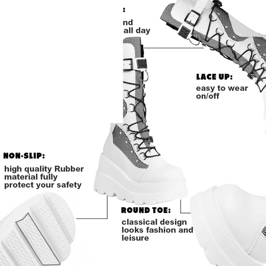 Goth Platform Boots Chunky Wedge Heel Rave Combat Boots - SS69