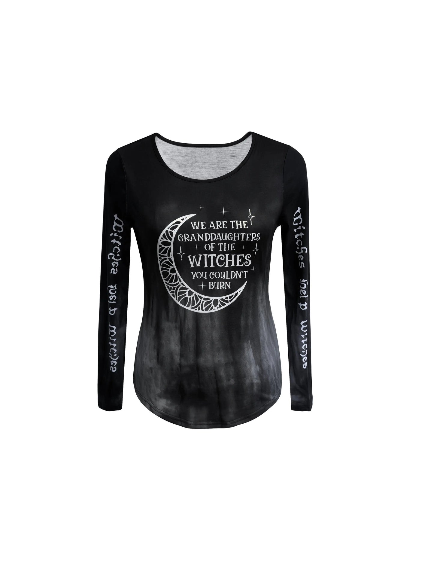 Gothic Moon & Letter Print Crew Neck T-shirt, Y2K Long Sleeve Top For Spring & Fall, Women's Clothing SS69