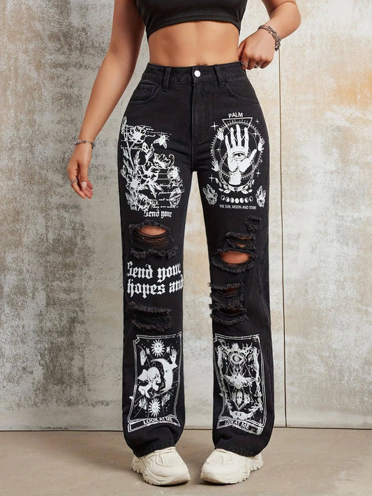 Gothic Skeleton Letter Moon Print Jeans, Ripped High Rise Straight Leg Punk Y2K Streetwear Denim Pants, Women's Denim Jeans & Clothing - SS69