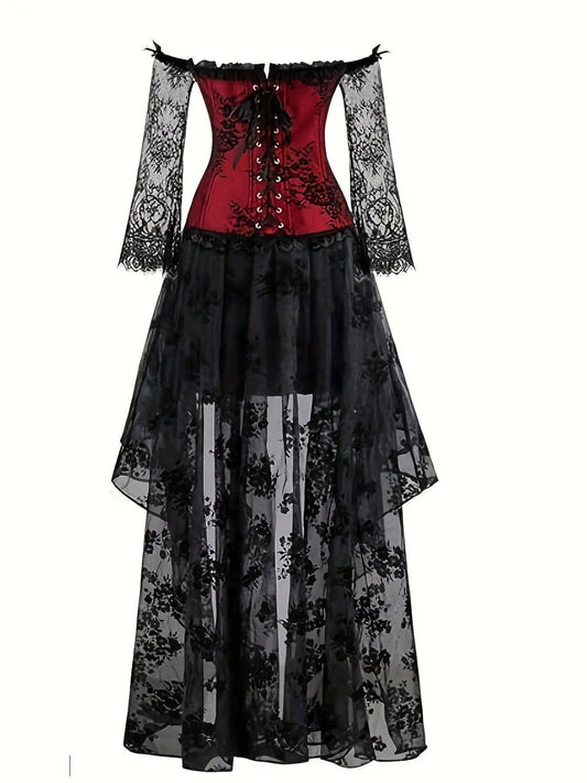 Gothic Style Off Shoulder Costumes, Vintage Contrast Lace Button Decor Carnival Costume, Women's Clothing - SS69