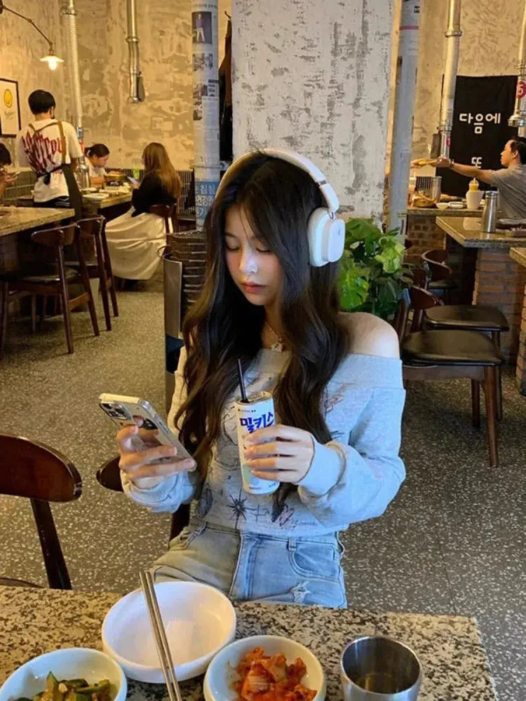 Gray Print T Shirts Women Clothing Long Sleeve Slash Neck Casual Tees Fashion Summer Camisetas Crop Tops Streetwear Sexy Tshirt SS69