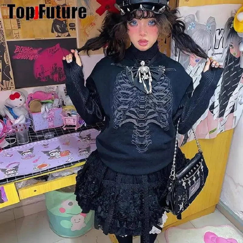 Harajuku Gothic Lolita Hat Women Punk Chain Subculture Spice Girl spike Rivet Cap Hat Female Y2K Girls Accessories Lace Cap - SS69