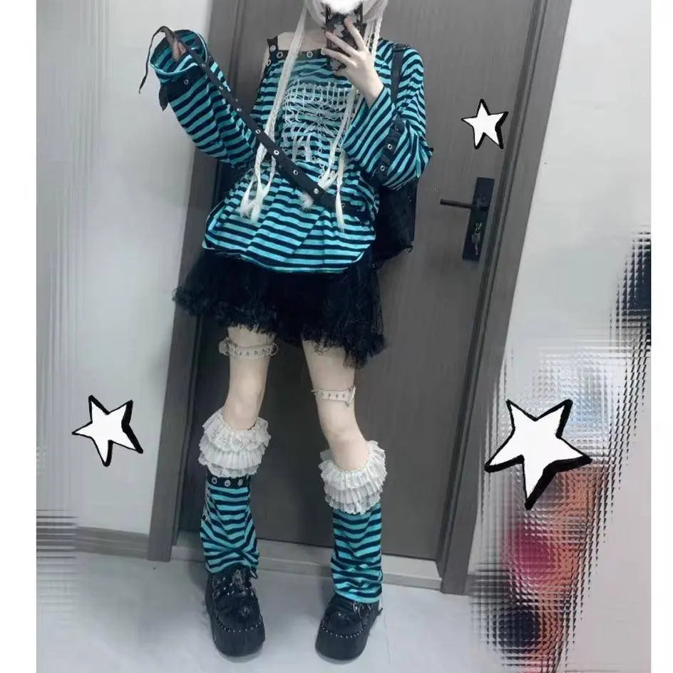 Harajuku Punk Striped Print T Shirts Y2K Gothic Girls off Shoulder - SS69