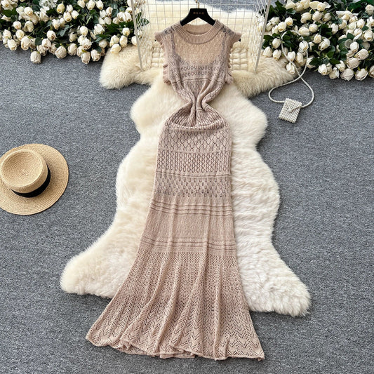 Summer Korean Tunic Knit Midi Dress For Women Empire Contrast Color Hollow Out Lace Dress SS69