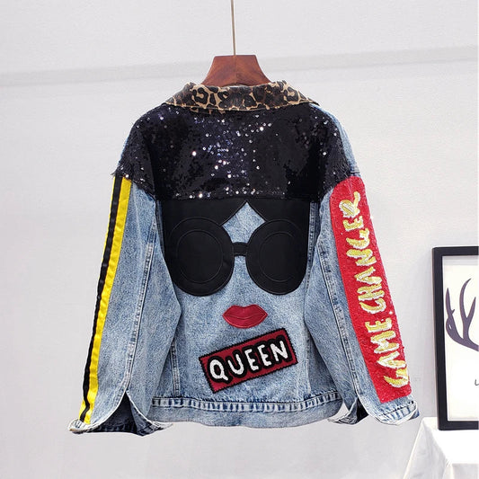Sequins Loose Denim Jacket Girls Students High Street Party Jeans Coats Women 2023 New Female Nightclub Outwear Chaqueta Mujer SS69