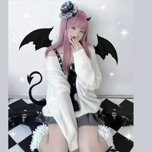 Karrram Harajuku Punk Knitwear Women Off Shoulder Belted Thin Sweater Cross Fur Patch 2022 Autumn Loose Gothic Y2k Pullover SS69