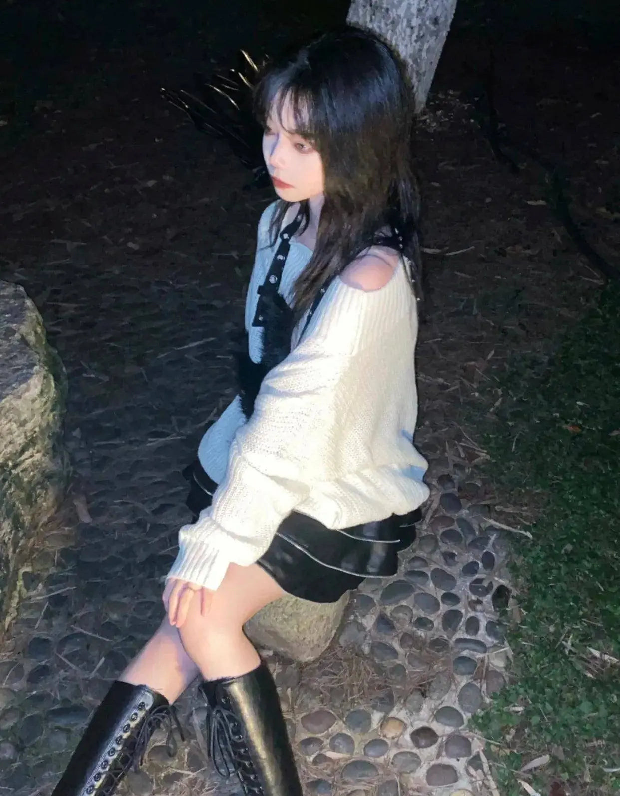 Karrram Harajuku Punk Knitwear Women Off Shoulder Belted Thin Sweater Cross Fur Patch 2022 Autumn Loose Gothic Y2k Pullover SS69