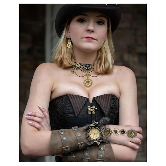 LaVenty Steampunk Accessories Women Vintage Clockwork Earrings Gloves Gothic Lace Wristband Bracelet Gear Choker Necklace Halloween Steampunk Costume SS69
