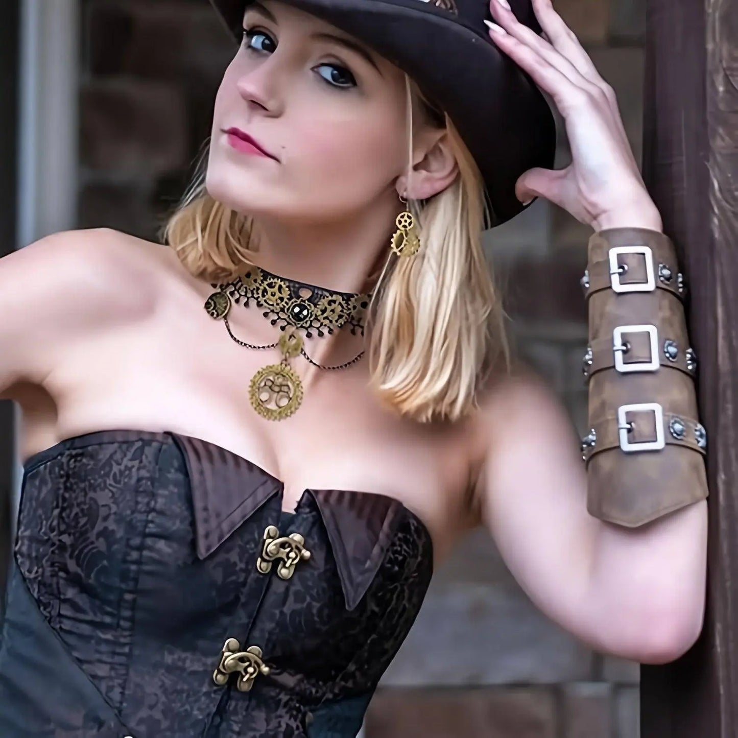 LaVenty Steampunk Accessories Women Vintage Clockwork Earrings Gloves Gothic Lace Wristband Bracelet Gear Choker Necklace Halloween Steampunk Costume SS69