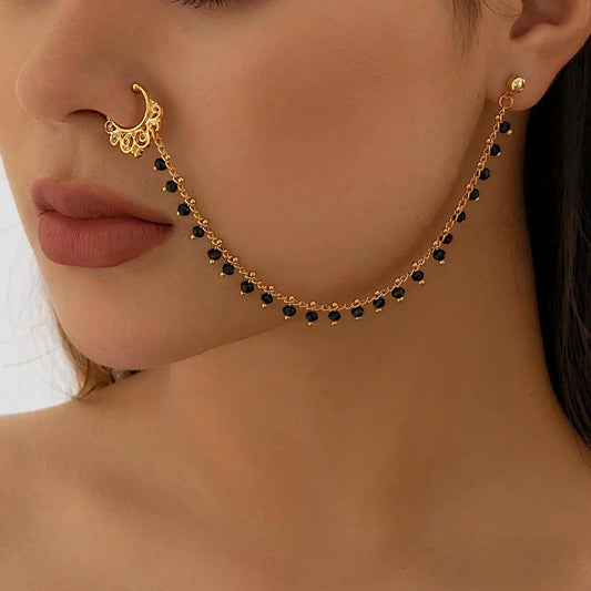 Lacteo Trendy Nose Rings for Women Connecting Earrings Black Green Small Crystal Beads Fake Nostril Piercing Clip Jewelry Ladies SS69