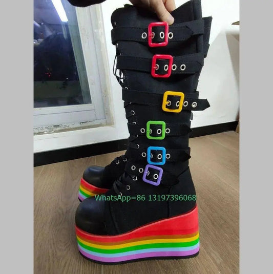 Lady Platform Colorful Design Buckle Strap Boots Side Zip Rainbow Platform Footwear Punk Y2K Style Boots Size 33-46 Mary Janes SS69