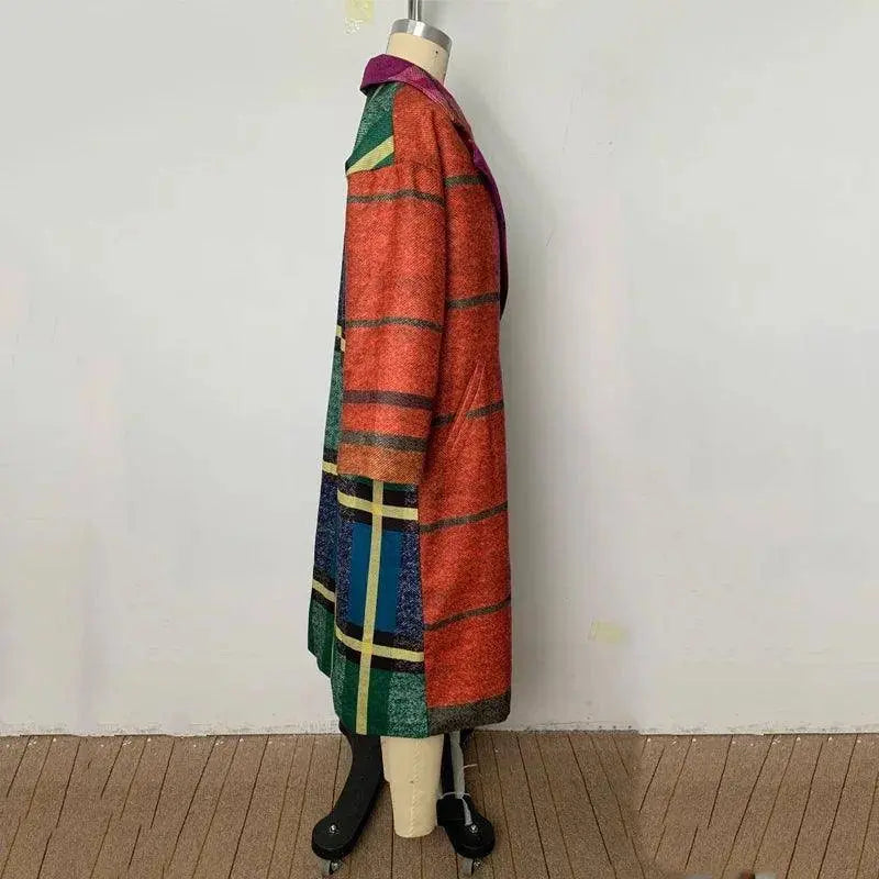 Modigirl Winter Long Coats for Woman 2025 Contrast Plaid Long Sleeves Women's Loose Streetwear Coat Woolen Coat Jacket Female SS69