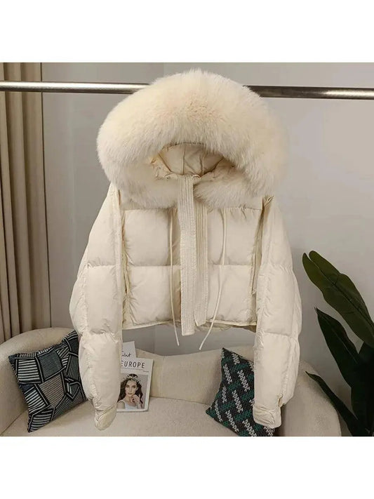 New Duck Down Loose Winter Jacket Women Real Fox Fur Raccoon Fur Collar Hooded Thick Warm Streetwear Outerwear Detachable SS69