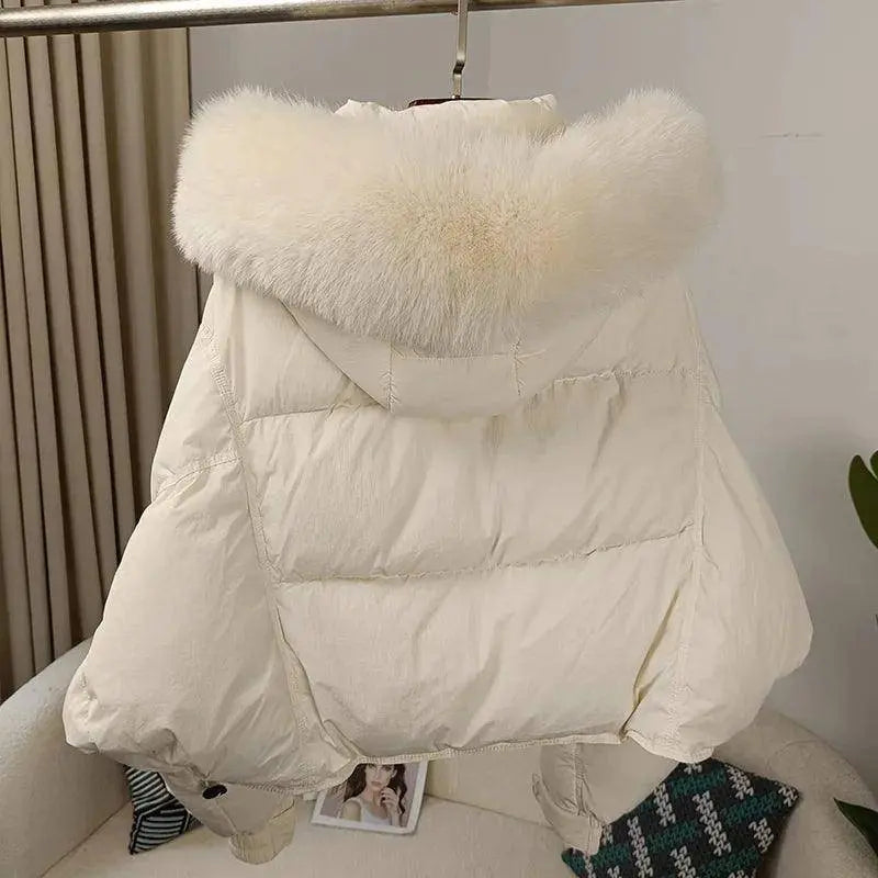 New Duck Down Loose Winter Jacket Women Real Fox Fur Raccoon Fur Collar Hooded Thick Warm Streetwear Outerwear Detachable SS69