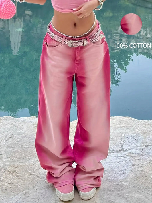 Ombre Washed Pinkish Red Loose Fit Y2K Retro Streetwear Jeans, Women's Denim Jeans & Clothing - SS69