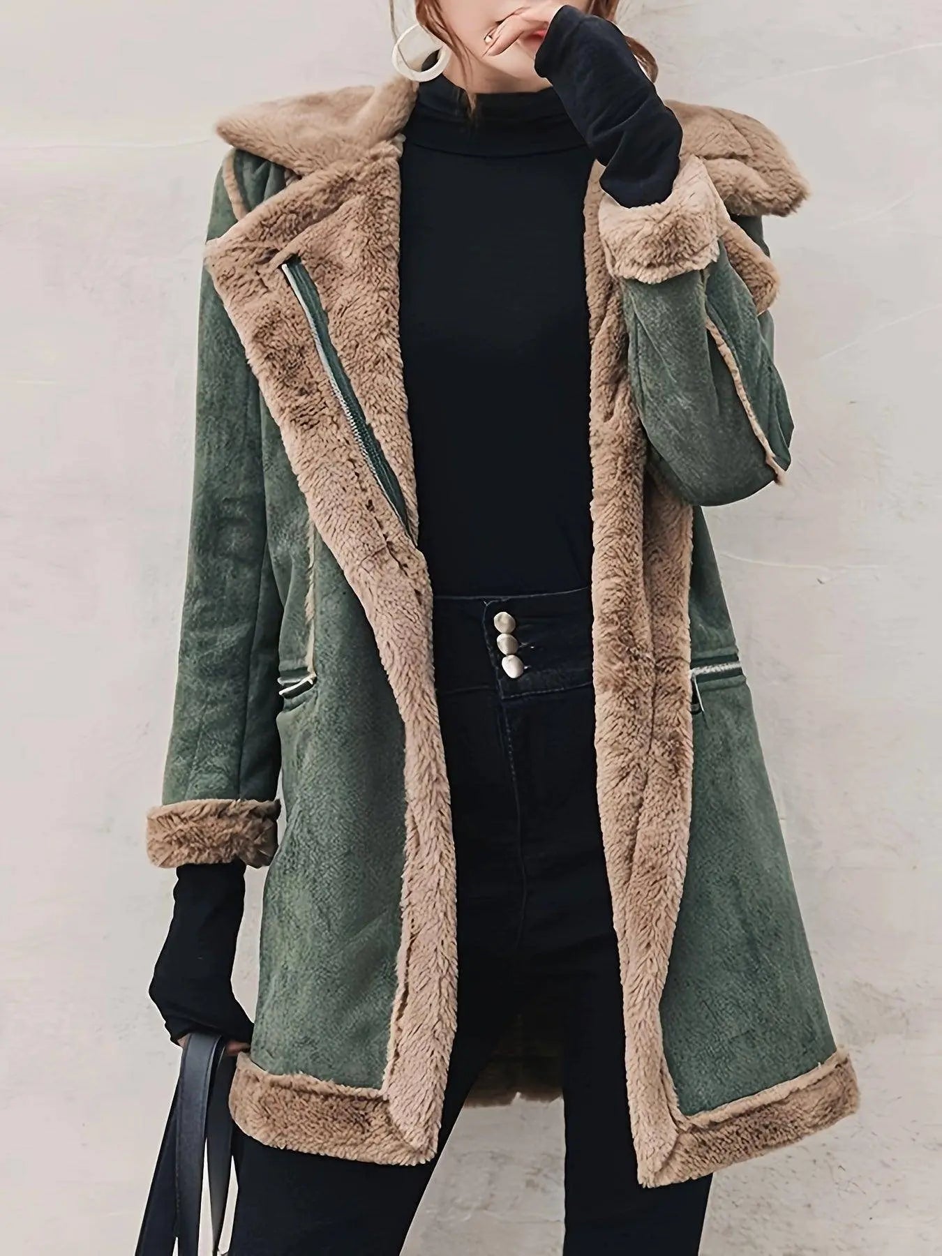 Open Front Mixed Media Lapel Coat, Stylish Long Sleeve Faux Fur Lined Warm Coat For Winter, Women's Clothing SS69