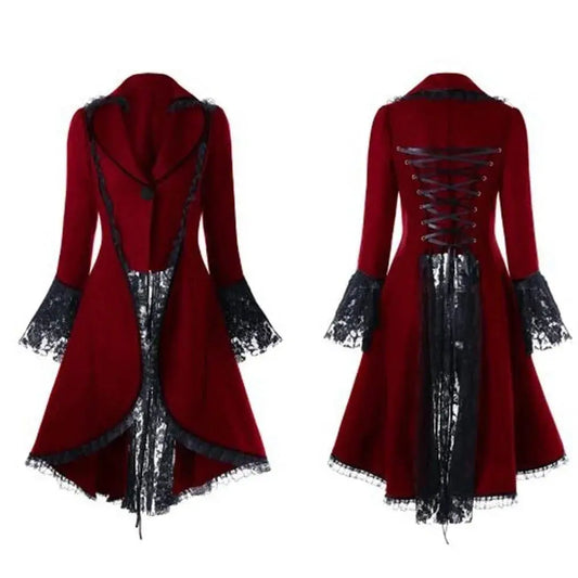 OverCoat Lace Women Vintage Bandage Long-sleeved Stitching Back waist Medieval Shirt Women Corset Black Gothic Dresses for Women SS69 27.69 Red / XL